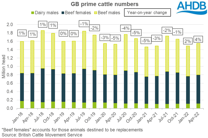 Graph showing number of prime cattle in GB by quarter up to 1 April 2022